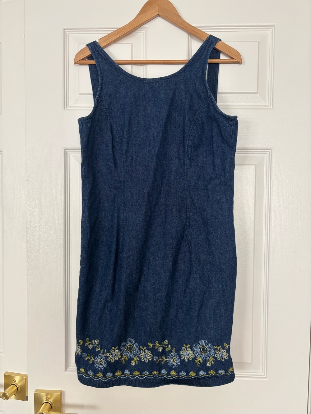 LOFT Dark Blue Denim Tank Dress with Yellow & Blue Floral Hem